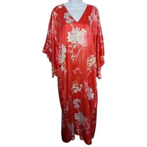 Natori Floral Satin Caftan Kimono Boho Long Red Print Popover Dress V Neck Sz L